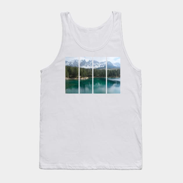 The fabulous alpine lake of Carezza in the Dolomites (Bolzano). Lovely place in the Italian Alps. Reflections in the water. View from the shore. Sunny spring day. Trentino Alto Adige Tank Top by fabbroni-art